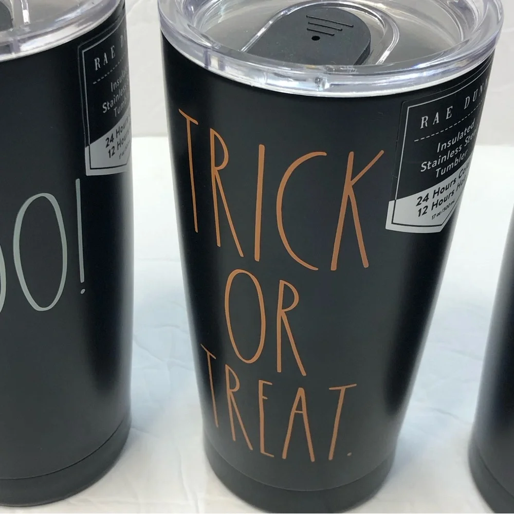 Rae Dunn Tumblers Trick or Treat and Boo! Set of 3 17 ounces Black New